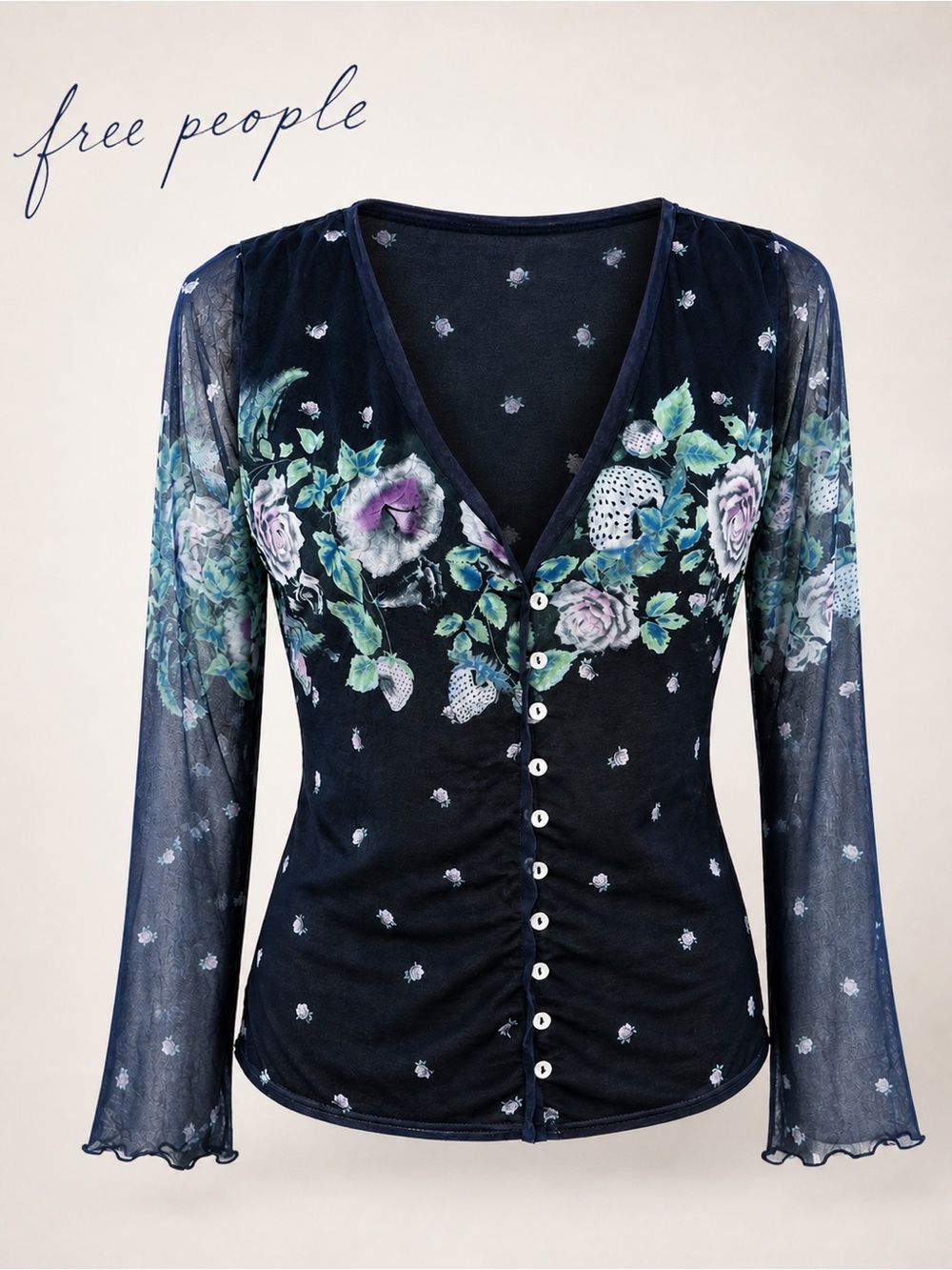 New with Tag! Free People Navy Sheer Roses & Strawberries Button-Up V-Neck Top M